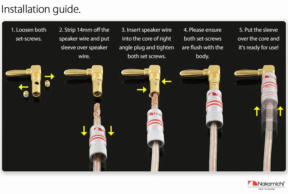 Nakamichi 24K vergoldeter Bananenstecker 12 AWG - 18 AWG Gauge Größe 4mm für Lautsprecher Verstärker Hi-Fi AV Receiver Stereo Heimkino Audiokabel Stecker Rechtwinkliger Stecker, 4 Stück (2-Paar)