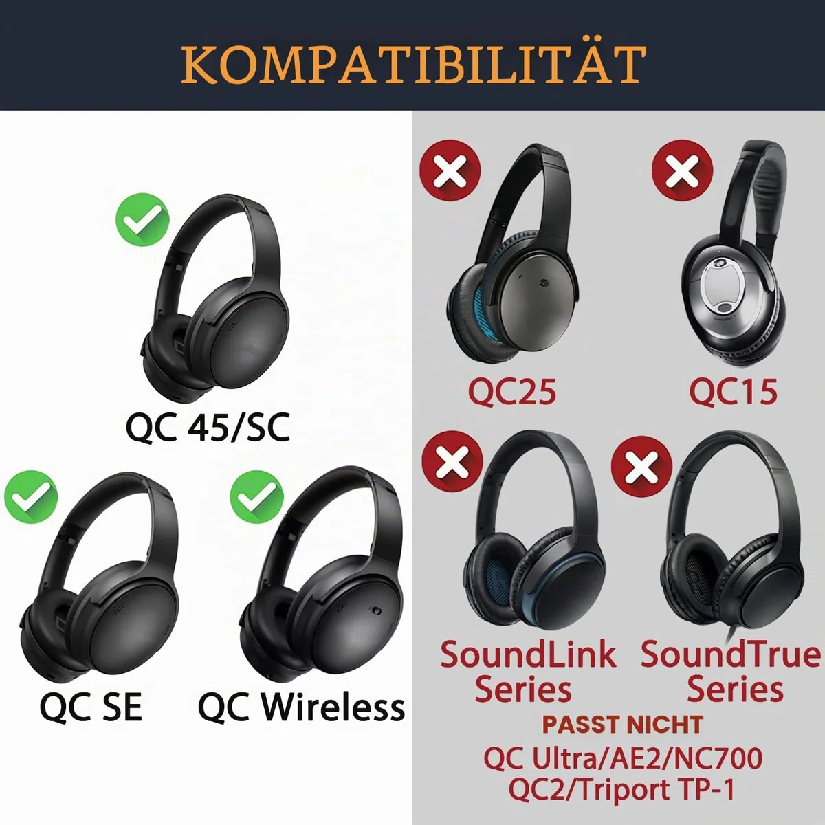 SOULWIT Ersatz Ohrpolster für Bose QuietComfort 45 (QC45)/QuietComfort SE (QC SE)/New Quiet Comfort Wireless Over-Ear Kopfhörern, Ersatzpolster mit weicherem Protein-Leder, Geräuschisolierendem Schaum