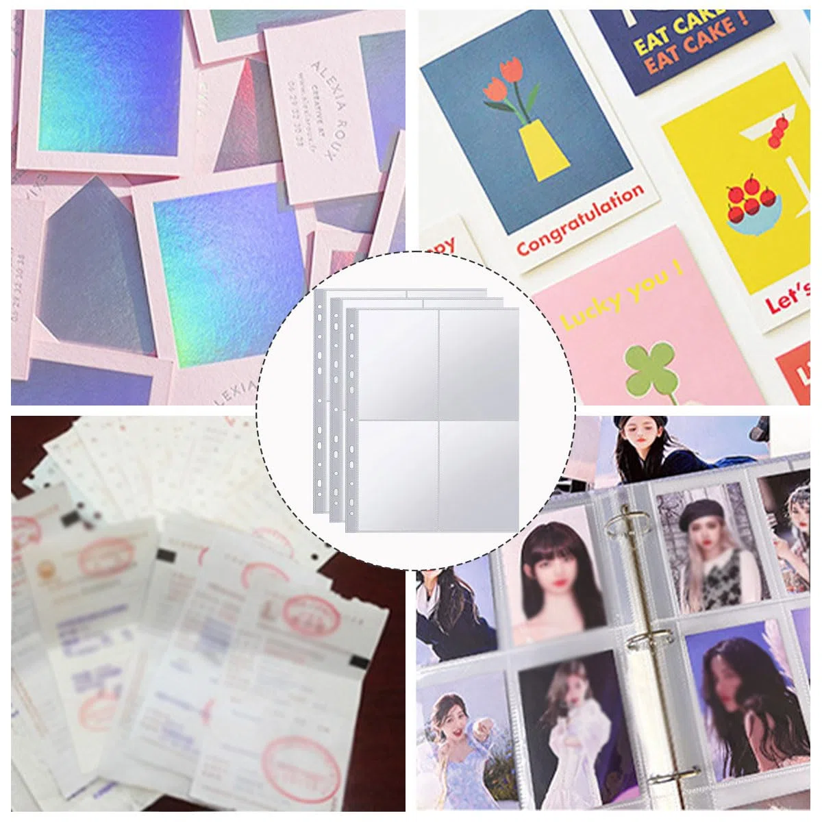 100 Stück Durchsichtige Fotohüllen, 4 Fächer für Fotos, A4 Briefumschläge für Postkarten, Fotoalbum, Karten und Foto Schutz