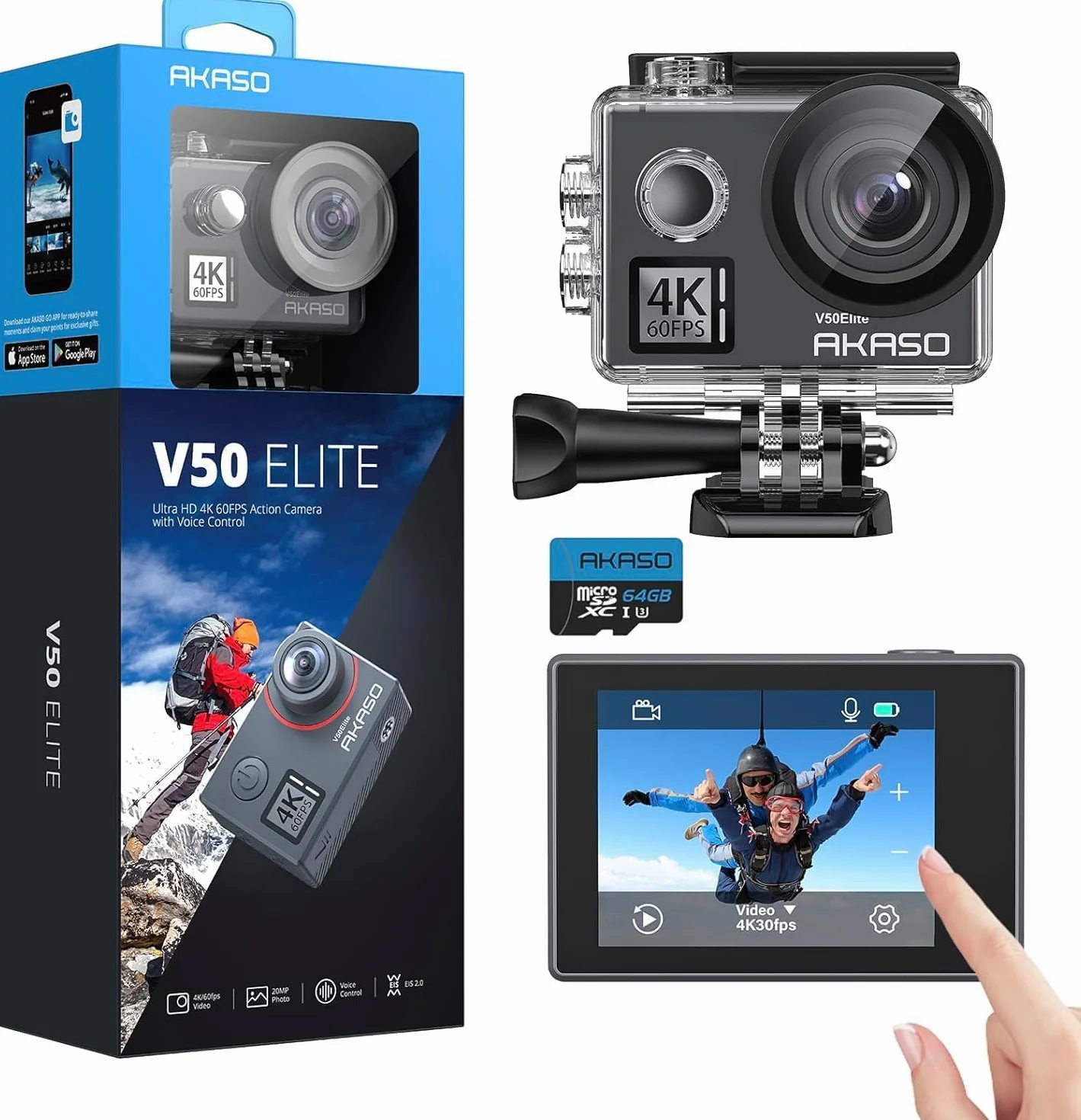 AKASO V50 Elite Action Cam mit MicroSDXC Speicherkarte 64 GB 4K/60 fps 20 MP WiFi, Unterwasserkamera 40 m wasserdicht mit Touchscreen, Sprachsteuerung, 8 x Zoom