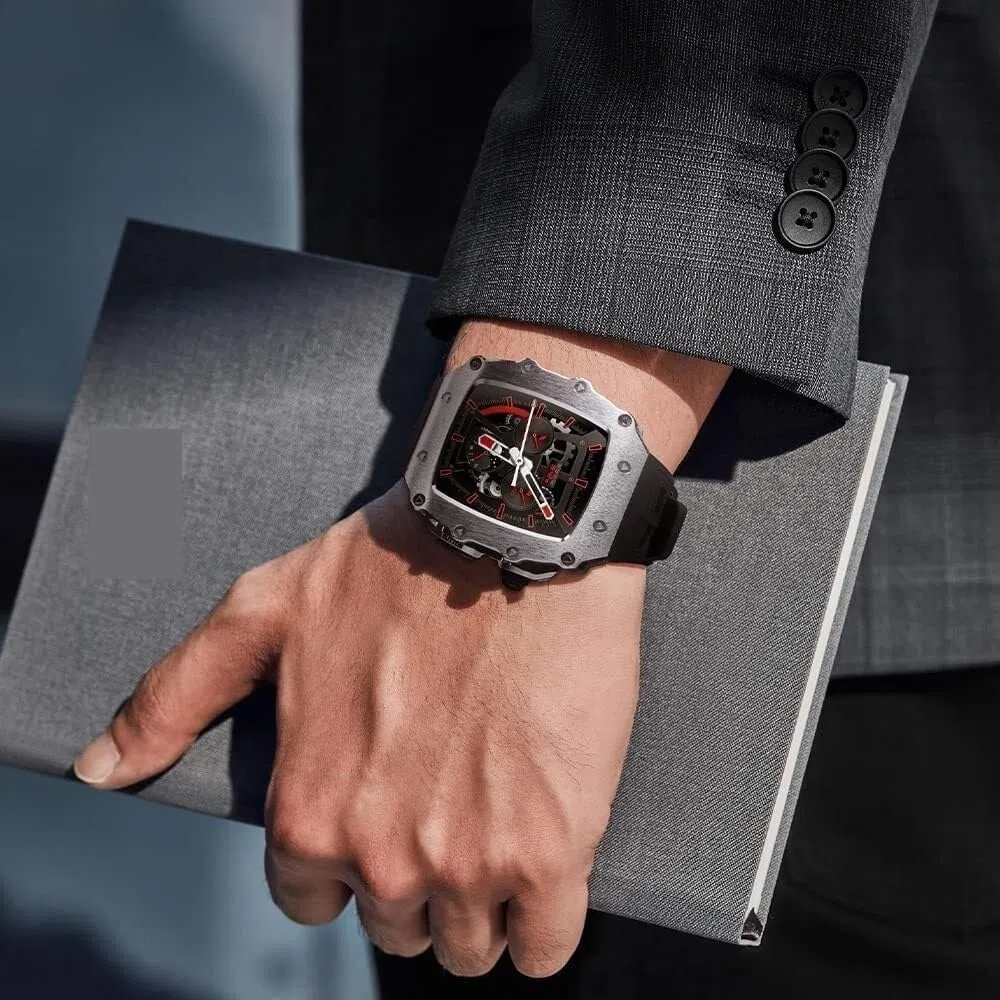 Luxuriöses Edelstahl-Uhrengehäuse, für Apple Watch 8, 7, 45 mm, mit Mod-Kit, Gummiband für Herren, Fluorkautschukband und Stahlschnalle, für iWatch Serie 6, 5, 4, SE, 44 mm