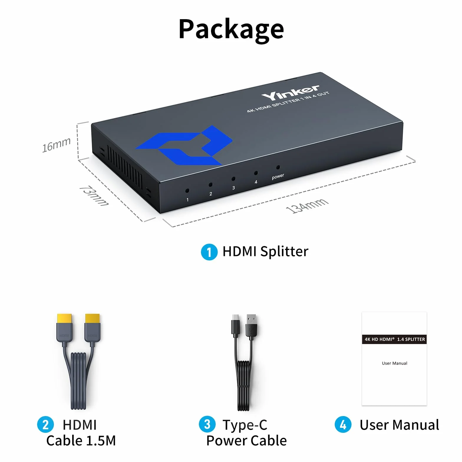 4K HDMI Splitter 1 in 4 Out, Yinker 4 Port HDMI Verteiler 4 Bildschirme 4K30Hz Splitter 4 Port für Xbox360 PS4 PS3 Roku
