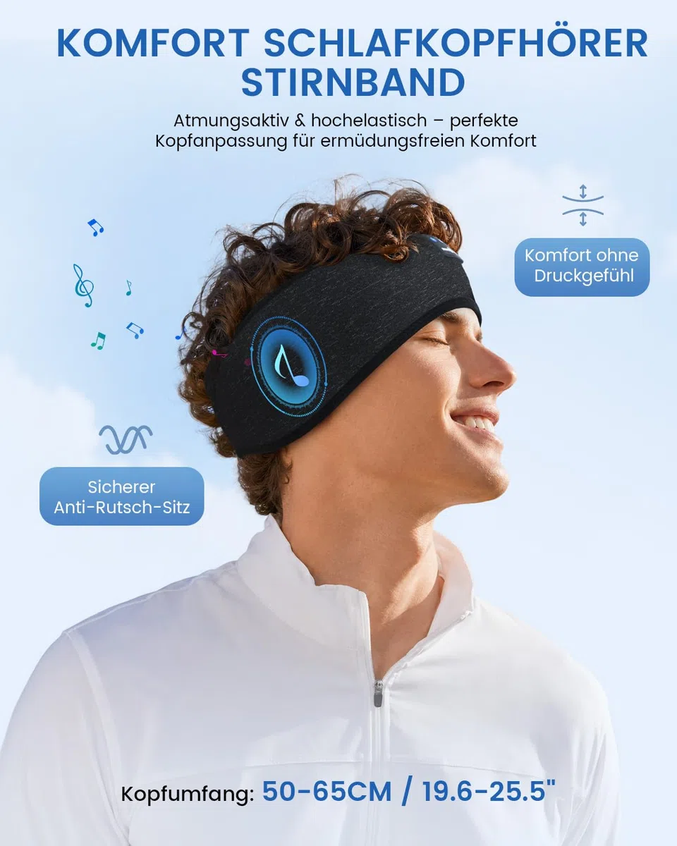 MUSICOZY Schlafkopfhörer, Bluetooth 5.4 Kopfhörer Stirnband | Ultradünn für Seitenschläfer | 14 Std. Akku, Hi-Fi Sound & Waschbares | Schlaf Kopfhörer zum Schlafen, Sport & Reisen (Damen & Herren)