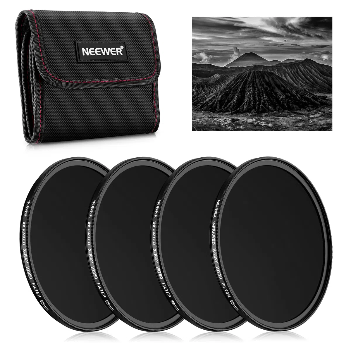 NEEWER 58mm Infrarotfilterset, 4er Pack IR720/IR760/IR850/IR950 Infrarot IR Set mit Tragetasche und Reinigungstuch, kompatibel mit Canon Nikon Sony Panasonic Fuji Kodak IR unterstützten DSLR Kameras