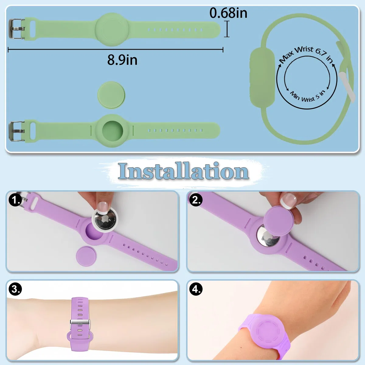 Wasserdichtes Kinder-Armband für Airtag, Silikon-Armband, kompatibel mit AirTag, versteckte Halterung, GPS-Tracker, Anti-Verlust, verstellbarer Airtag-Gurt für Kleinkinder, Kinder (2 Stück, Minzgrün