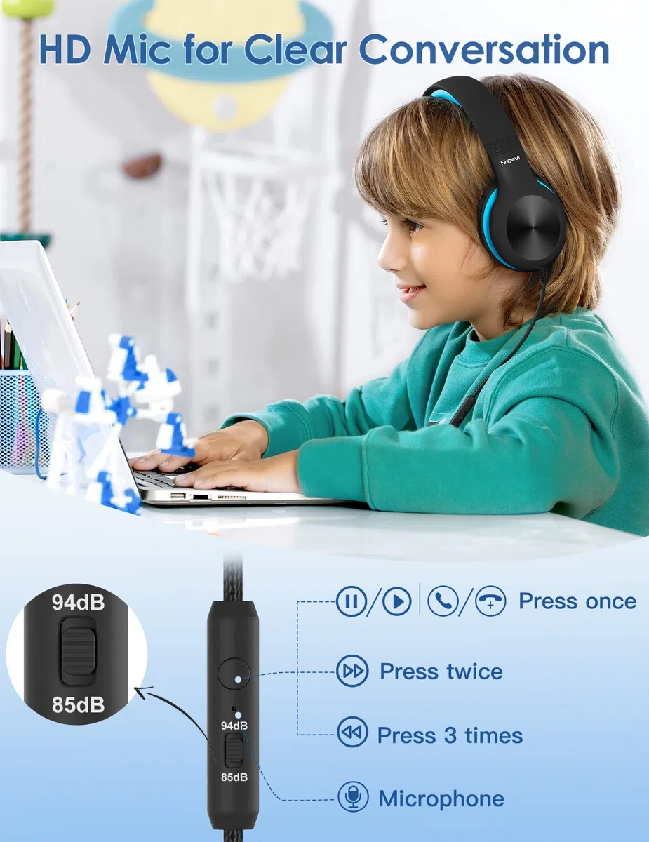 Nabevi Kinder Kopfhörer, Kopfhörer Kinder mit Kabel, 85/94dB Lautstärkegrenze, HD-Ton, Sharing-Funktion, Verstellbare Faltbare kinderkopfhörer mit Mikrofon für Schule/Reise/PC/Telefon, Schwarz Blau