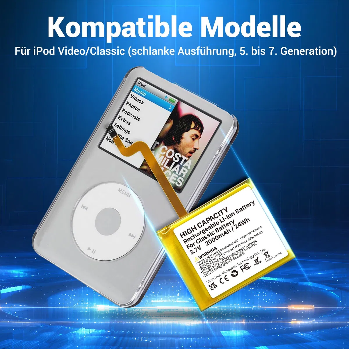 2000mAh Akku für Classic der 5. Generation, quadratischer Ersatzakku mit hoher Kapazität für MP3-Player, kompatibel mit Video/Classic Thin der 5. bis 7. Generation