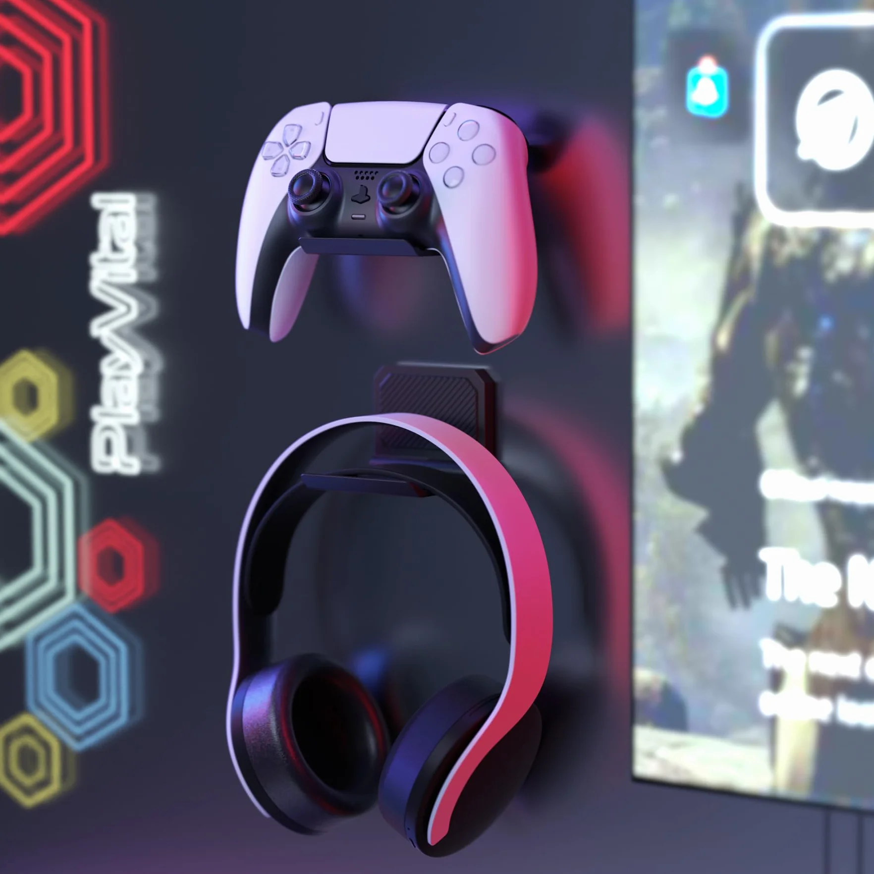 playvital FOLD Wandhalterung Controller für PS5/4,Gaming Kopfhörer Ständer,Faltbarer Wandständer für Xbox Series X/S,Switch Pro,Halter für Xbox Wireless Headset, für Pulse 3D Headset-Schwarz(4 Stück)