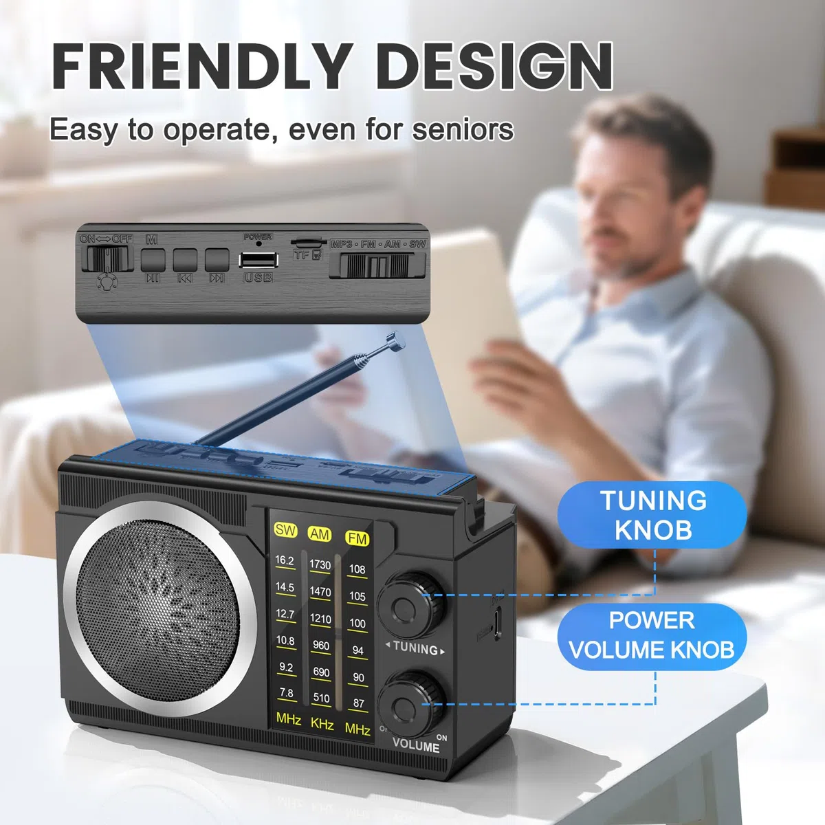 PRUNUS J-135 AM/FM/SW Solar Radio mit 1800mAh Akku oder AA batteriebetrieb, Nostalgie Radio mit Bluetooth 6.0/USB/TF-Karte Spielen. Kofferradio Transistorradio für Camping, Notfälle und Outdoor.