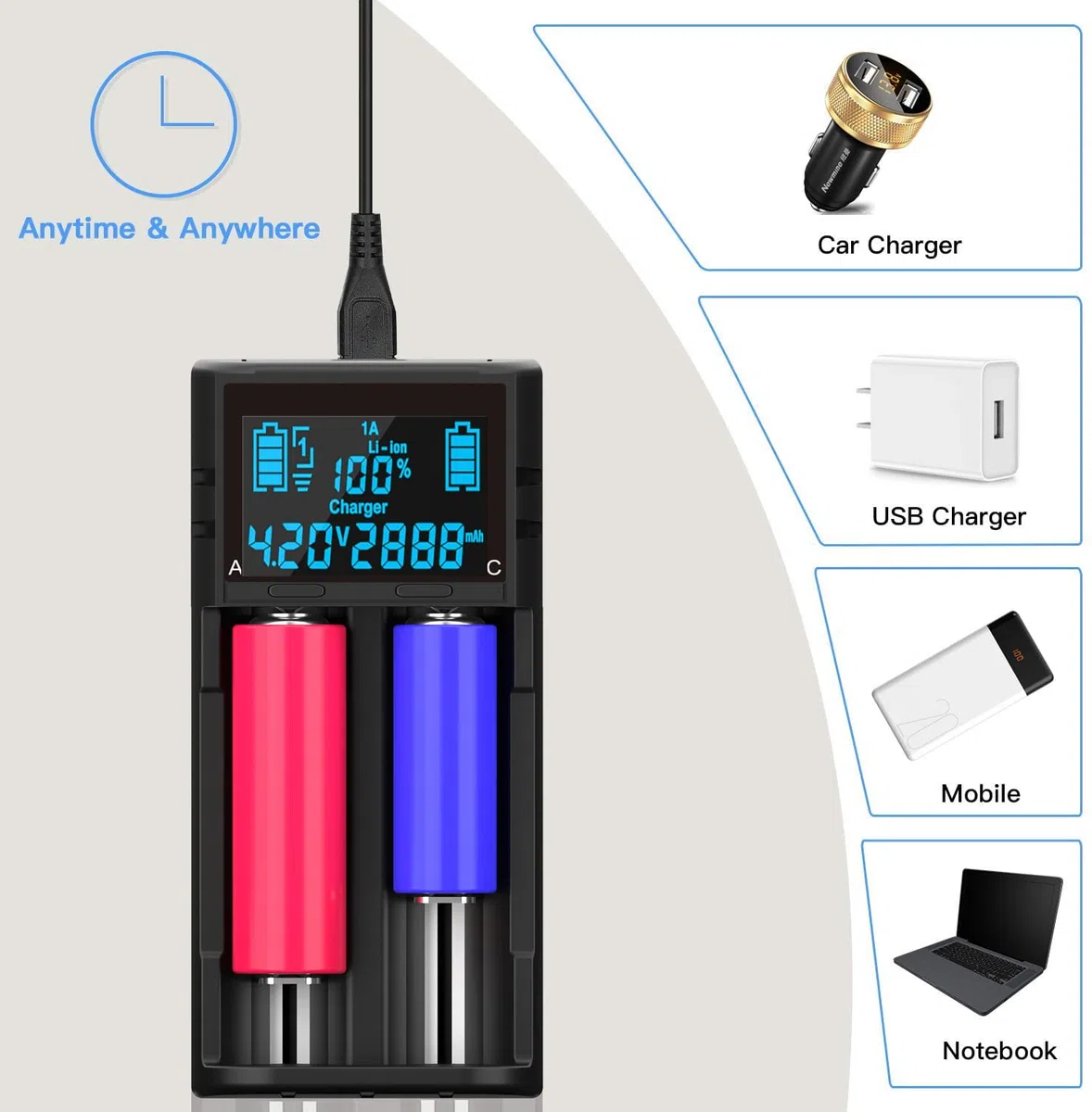 LCD-2 AA 18650 Akkuladegerät 3,7 V 1,2 V, LCD-Bildschirm kann die Kapazität anzeigen, 2 A Schnellladegerät für Li-Ion-Akkus 26650 21700 18490 18350 17670 17500 16340 14500, RCR123A, NI-MH/NI-Cd AAA