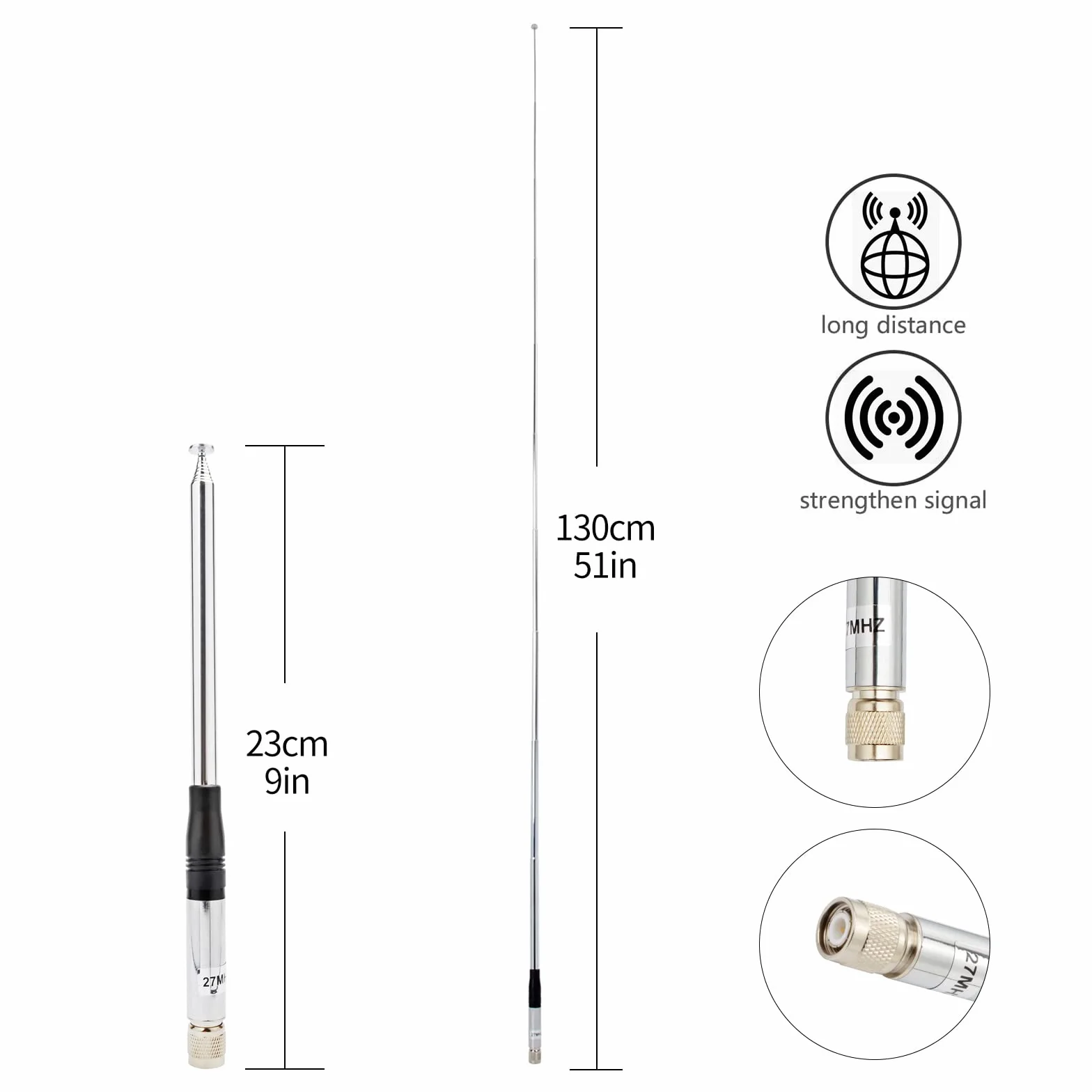 HYS 27Mhz CB-Funk-Antenne, TNC-Anschluss, hohe Verstärkung, Teleskop-Zugstangen-Antenne(130cm) kompatibel mit President Randy-3, PNI Escort HP 72 Handfunkgerät