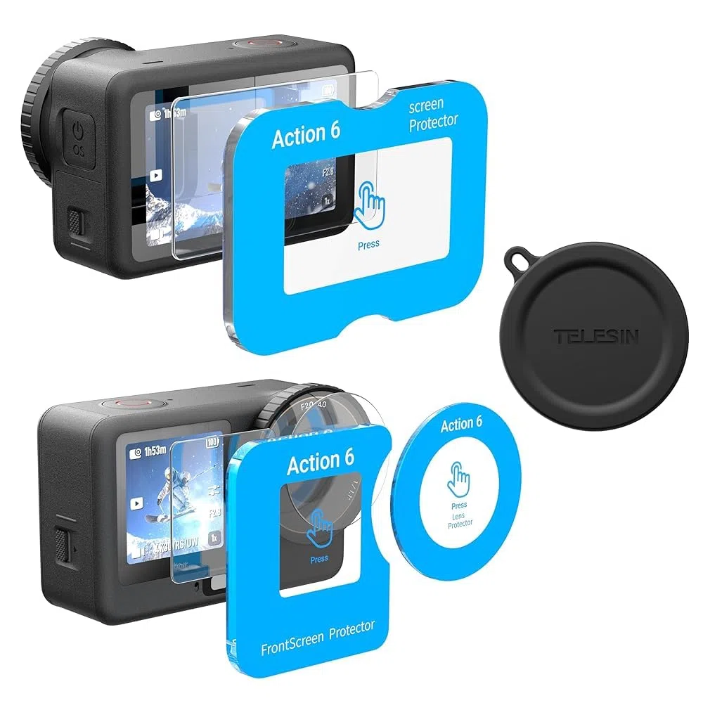 TELESIN [AR-Ultra] Bildschirm- und Objektivschutz mit Silikon-Objektivabdeckung für DJI Osmo Action 6, AR-Antireflex-Beschichtung für Outdoor-Vlogging, mit einfach zu installierendem Auto-Align-Rahmen