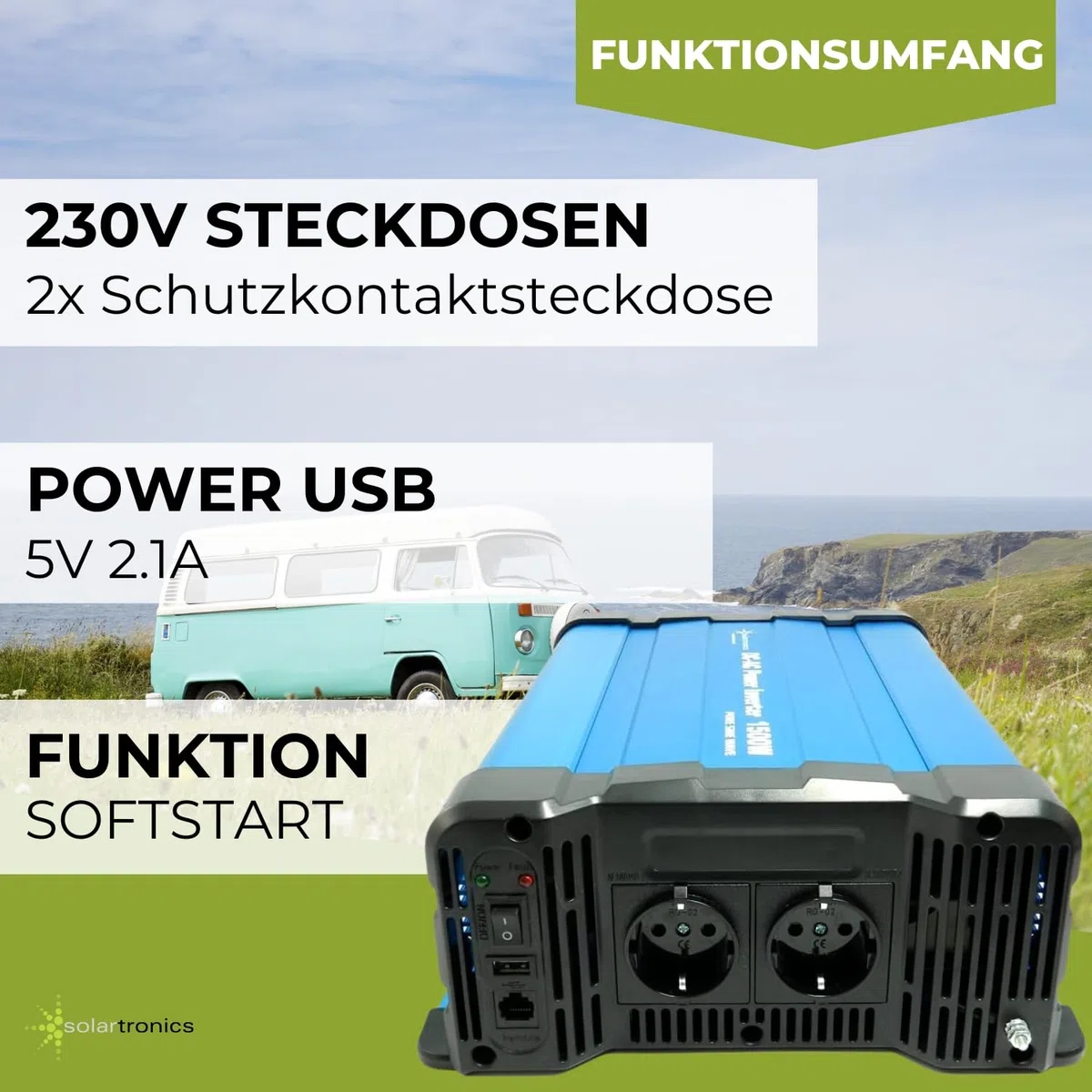 SOLARTRONICS FS1500DR Spannungswandler 24V 230V 1500 Watt - Reiner Sinus Wechselrichter 24V auf 230V für Wohnwagen & Wohnmobil - 3000W Spitzenleistung - mit Schuko, USB Anschluss & Fernbedienung