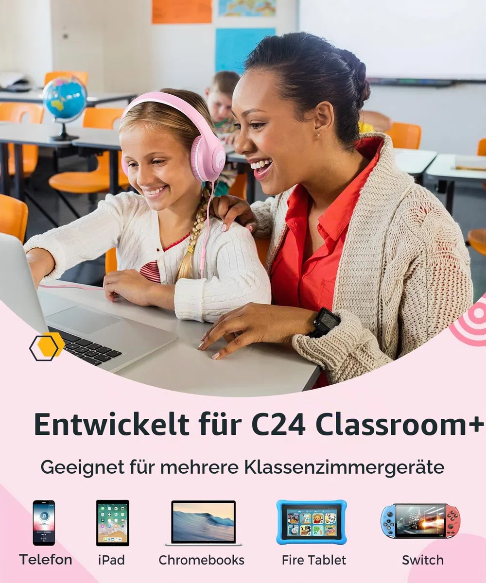 RockPapa C24 Kinder Kopfhörer mit Kabel, HD-Mikrofon, Leichte, Faltbare Kabel kopfhörer mit 3,5 mm Jack, On-Ear Stereo Bass Kopfhörer für Schule/Reise/Telefon Pink Weiß