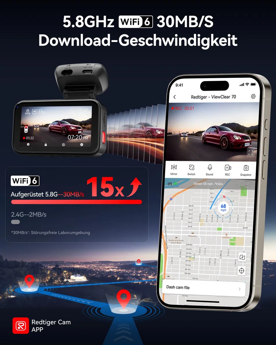 REDTIGER VC70 4K+2,5K Dashcam Auto Vorne Hinten, STARVIS 2, 5,8 GHz WiFi
