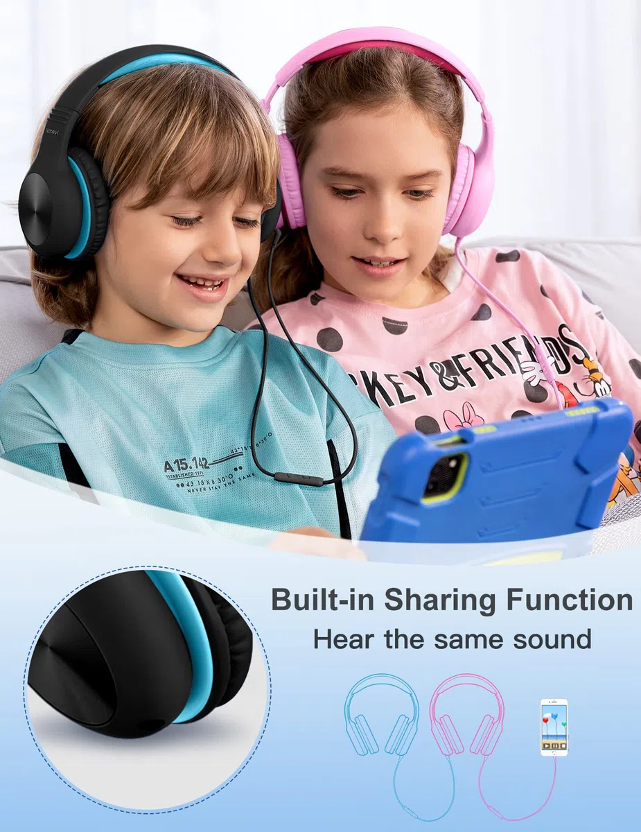 Nabevi Kinder Kopfhörer, Kopfhörer Kinder mit Kabel, 85/94dB Lautstärkegrenze, HD-Ton, Sharing-Funktion, Verstellbare Faltbare kinderkopfhörer mit Mikrofon für Schule/Reise/PC/Telefon, Schwarz Blau