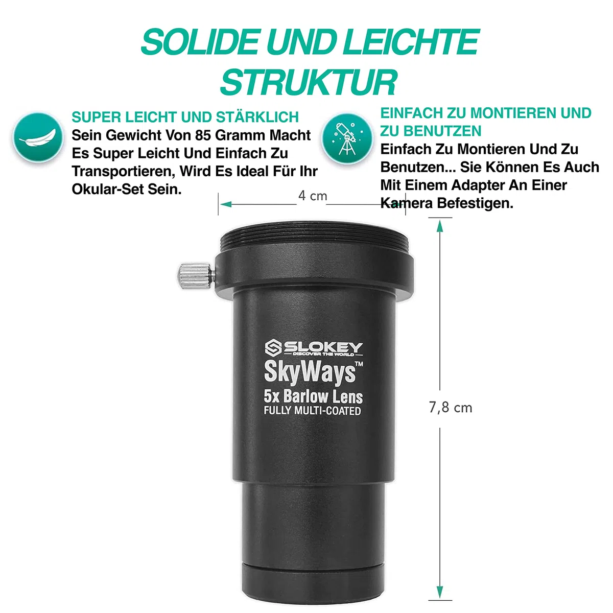 Barlow 5X Pro Slokey SkyWays Achromatisches Objektiv, hochwertige optische Qualität, behandelt mit FMC und Antireflexbeschichtung für EIN klares und helles Bild - Superleicht, kompakt und robust