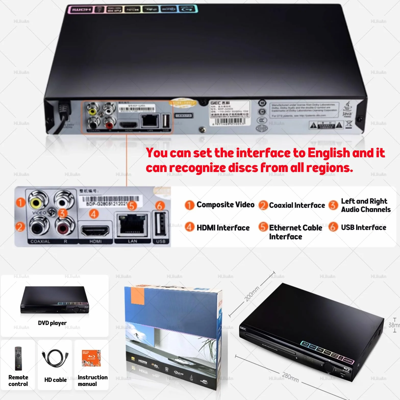 1080P Region Free DVD Player, HDMI Konnektivität, unterstützt DVD, CD & VCD Wiedergabe, inklusive HDMI-Kabel und Fernbedienung, USB-Eingang für Home Entertainment