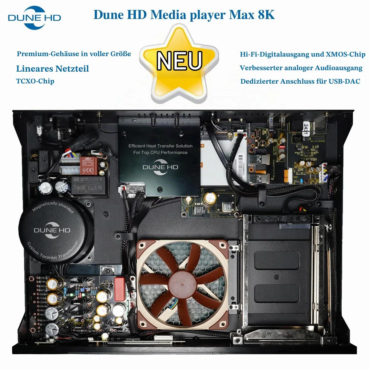 Dune HD Max 8K, Full-Sized Media Player, Android Box, Dolb Visio, Atmo, HDD Rack, Linear PSU, TCXO, Hi-Fi I2S-E Output, Hi-Fi S/PDIF Output, 8Gb/64Gb