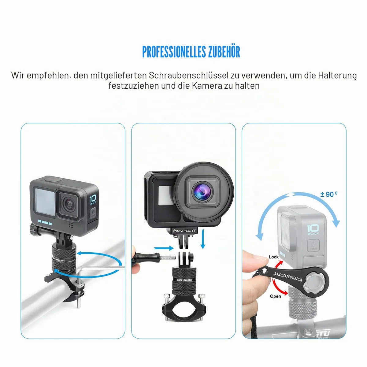 Forevercam Lenker Fahrradhalterung für Actionkamera Aluminiumlegierung 360Grad Rotation für GoPro Hero 13 12 11 10 9 8 7 Max AKASO Insta 360 DJI Apexcam Actioncam Rohr Stange Halter