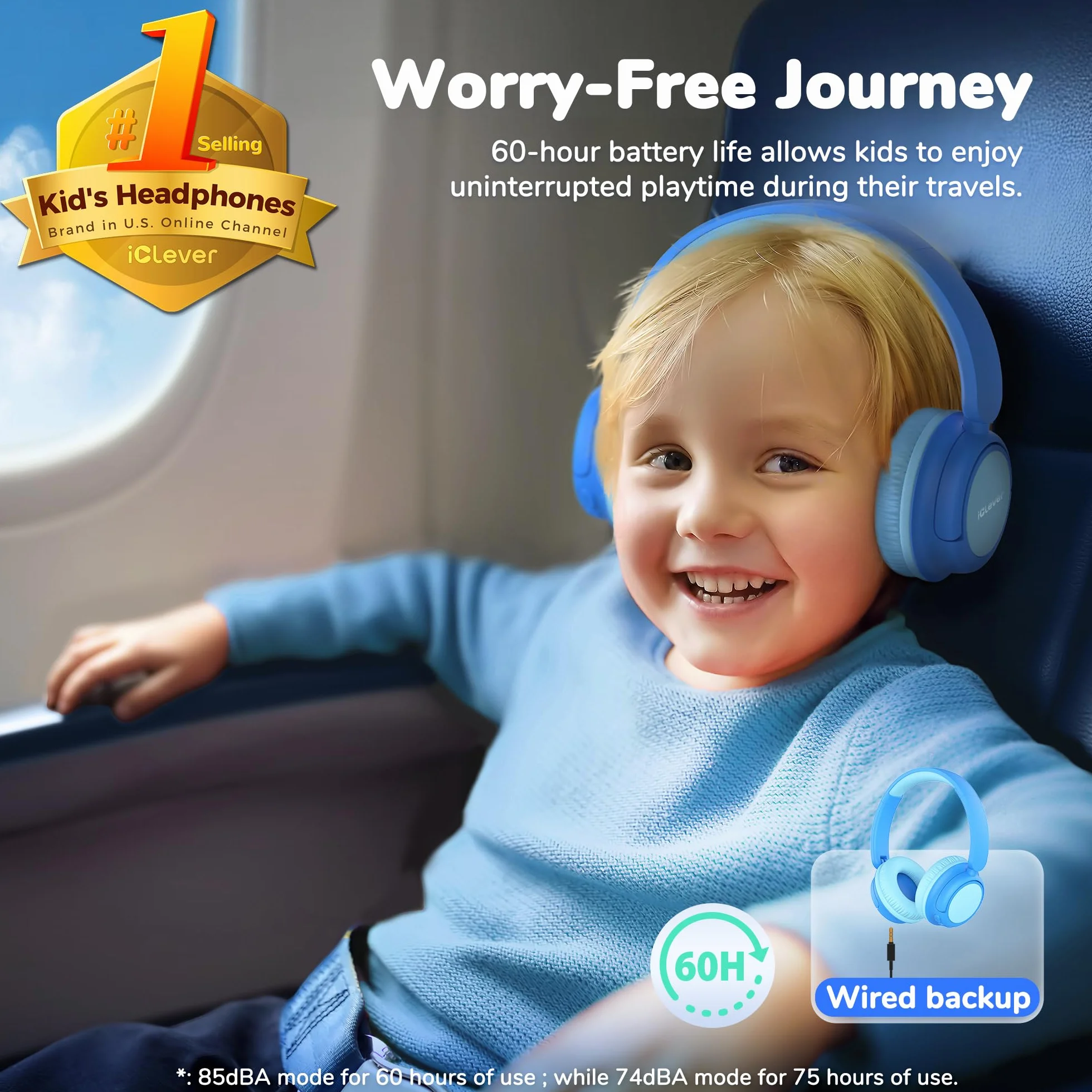 iClever Bluetooth Kopfhörer Kinder, 60 Std Akku, 74/85 dBA Lautstärkebegrenzung, Stereo-Sound, Typ-C, Bluetooth5.4, Kabellos Kinderkopfhörer Over Ear mit Mikrofon für Tablet/Reisen