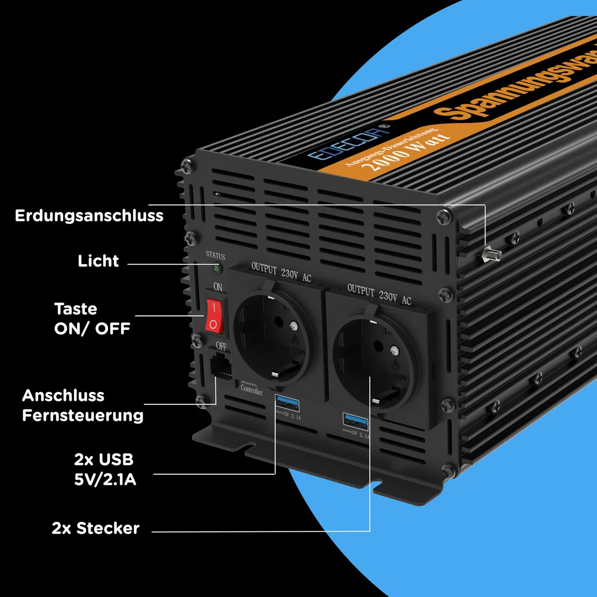 EDECOA Wechselrichter 2000w 24v 230v Spannungswandler mit Neuer Fernbedienung 2X USB und Bildschirm für Sonnenkollektor KFZ Wohnmobi (2000w)