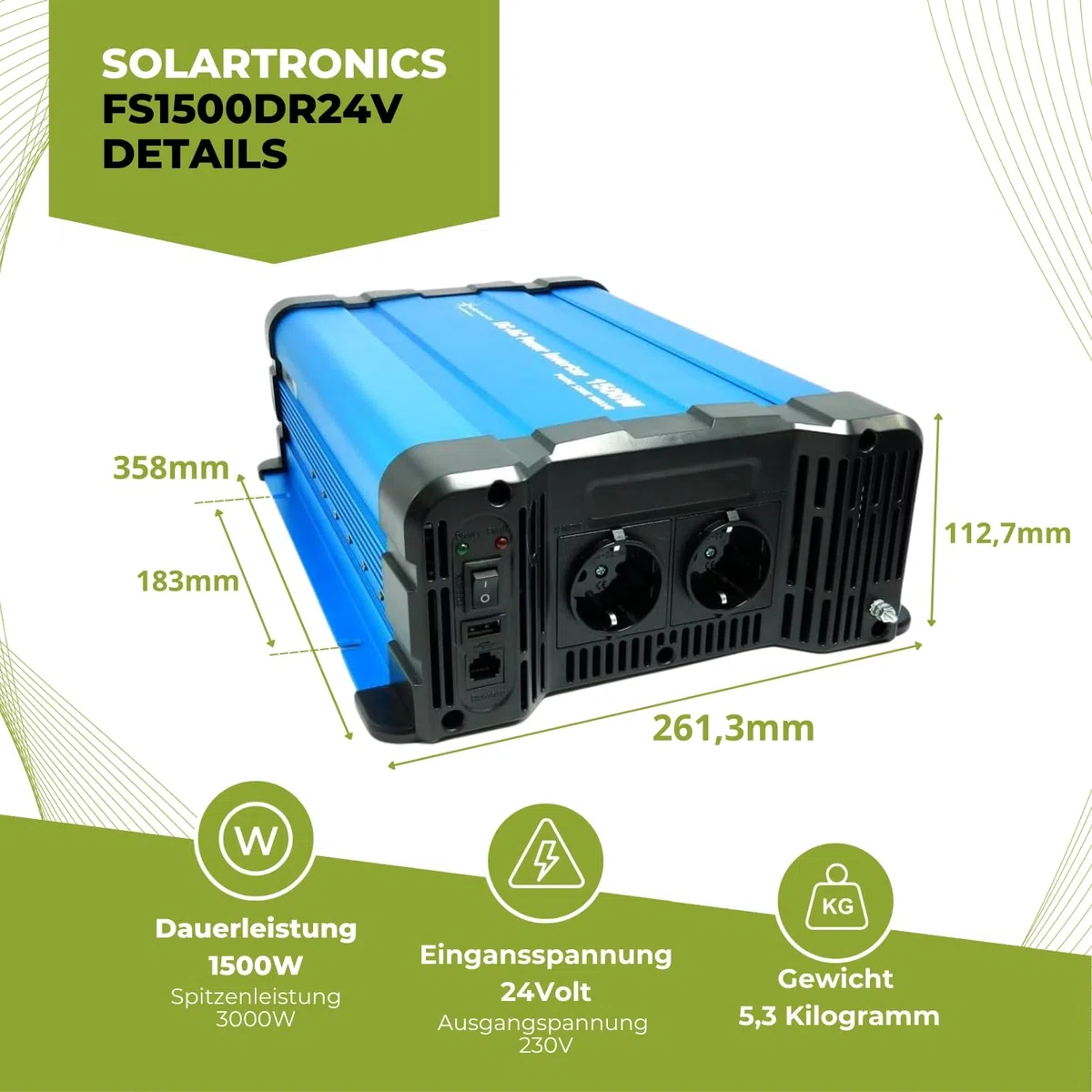 SOLARTRONICS FS1500DR Spannungswandler 24V 230V 1500 Watt - Reiner Sinus Wechselrichter 24V auf 230V für Wohnwagen & Wohnmobil - 3000W Spitzenleistung - mit Schuko, USB Anschluss & Fernbedienung