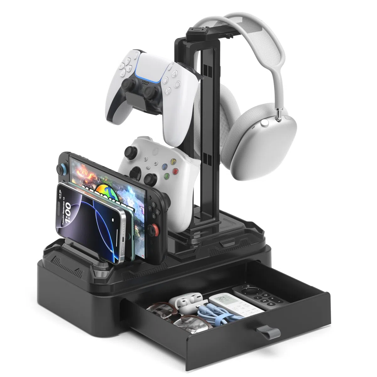 KDD Kopfhörer Ständer Gaming mit Schublade - Drehbare Headset Halterung Tisch & Controller Halter PS5 mit Geräteschlitz für Handy Tablet - Universal Headset Ständer für Alle Kopfhörer Gaming Zubehör