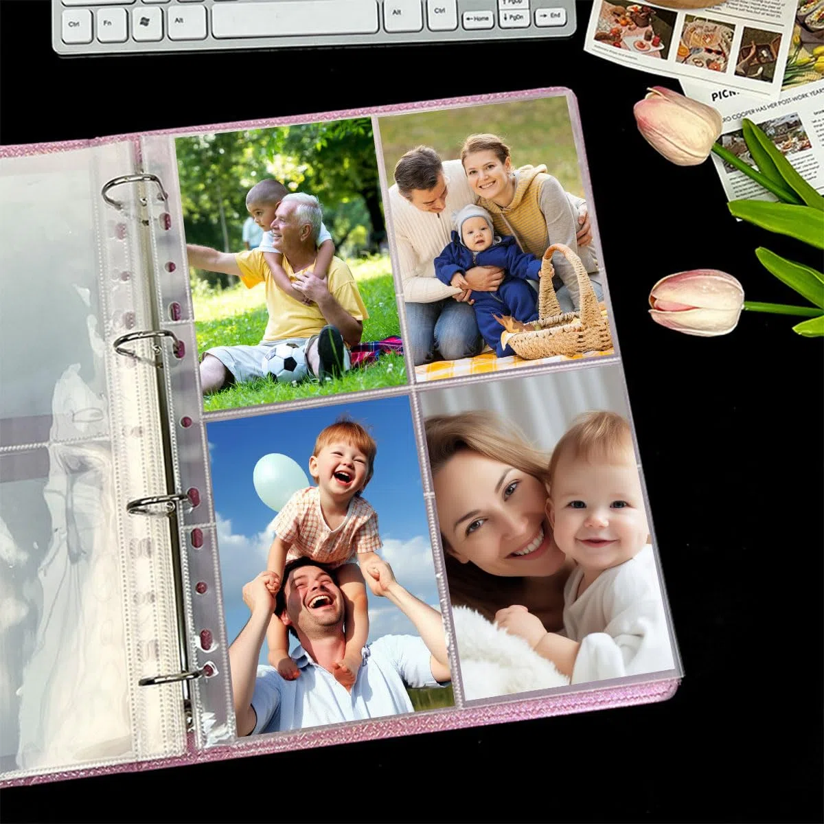 100 Stück Durchsichtige Fotohüllen, 4 Fächer für Fotos, A4 Briefumschläge für Postkarten, Fotoalbum, Karten und Foto Schutz