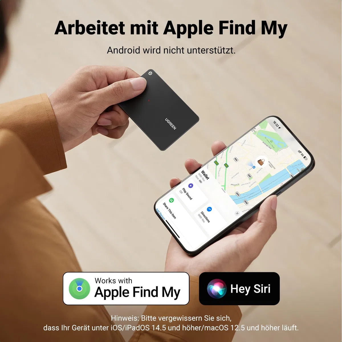 UGREEN FineTrack Slim kompatibel mit Apple Find My (nur iOS), Bluetooth Tracker, IP68 Wasserdicht, wiederaufladbarer Geldbörsenfinder, SmartTag Tracker Karte für Wallet, Reisepässe, Gepäck