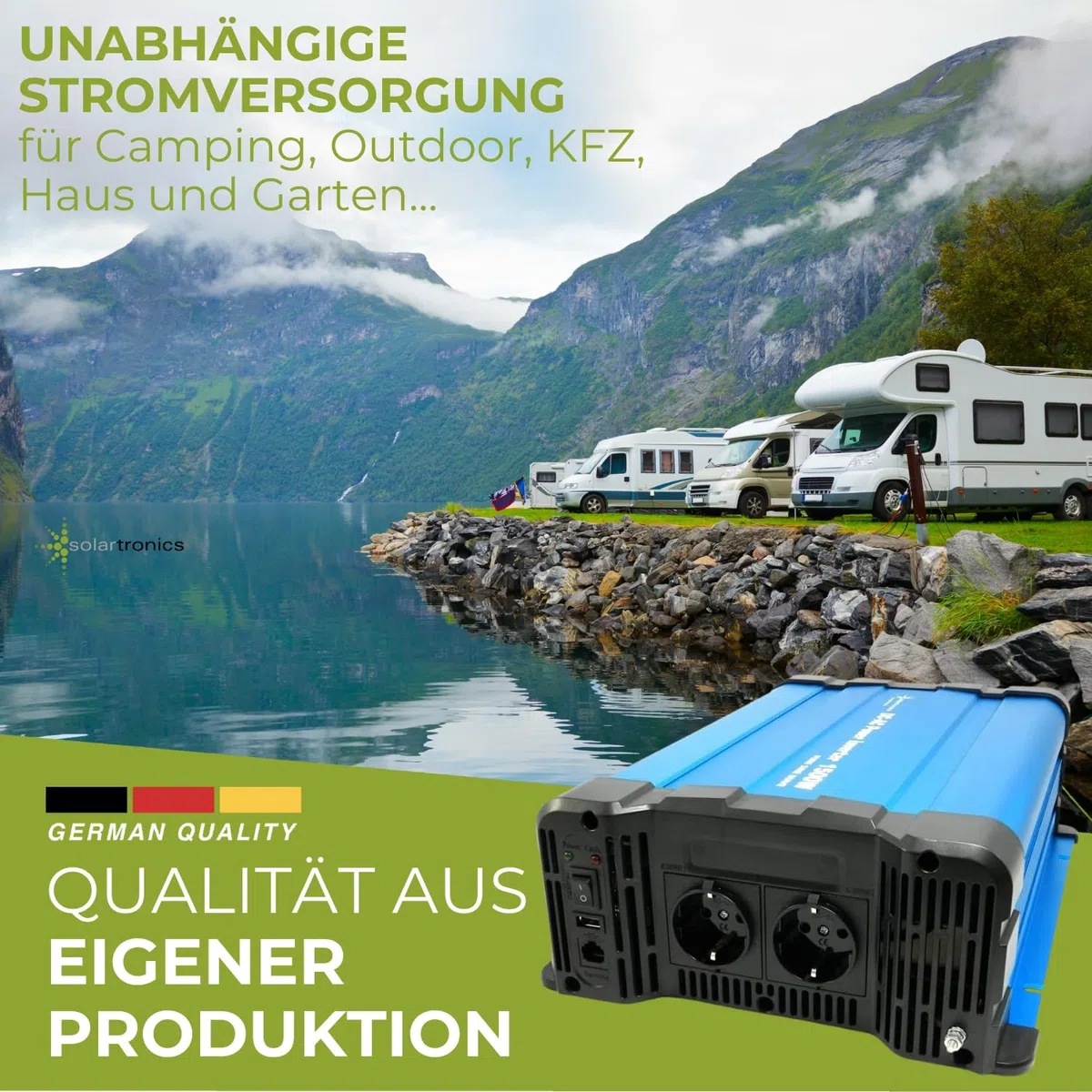 SOLARTRONICS FS1500DR Spannungswandler 24V 230V 1500 Watt - Reiner Sinus Wechselrichter 24V auf 230V für Wohnwagen & Wohnmobil - 3000W Spitzenleistung - mit Schuko, USB Anschluss & Fernbedienung