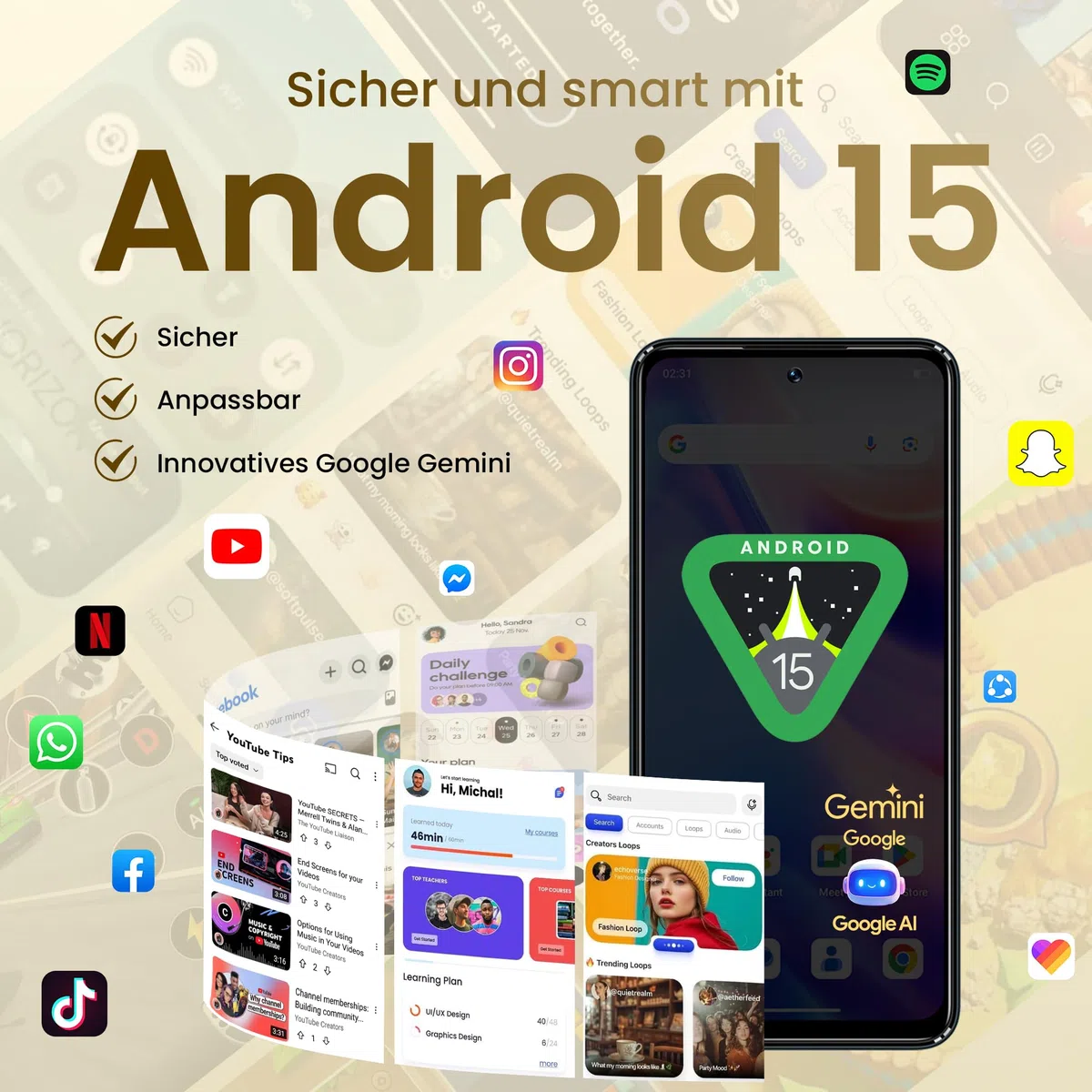 A11 Pro Android 15 Smartphone Ohne Vertrag, 120Hz Octa-Core, 24GB+256GB Handy Ohne Vertrag，50MP+8MP AI Kamera, 6,7'' HD+ Bildschirm, Dual SIM 4G Simlockfreie Handy/OTG/Widevine L1-Gold