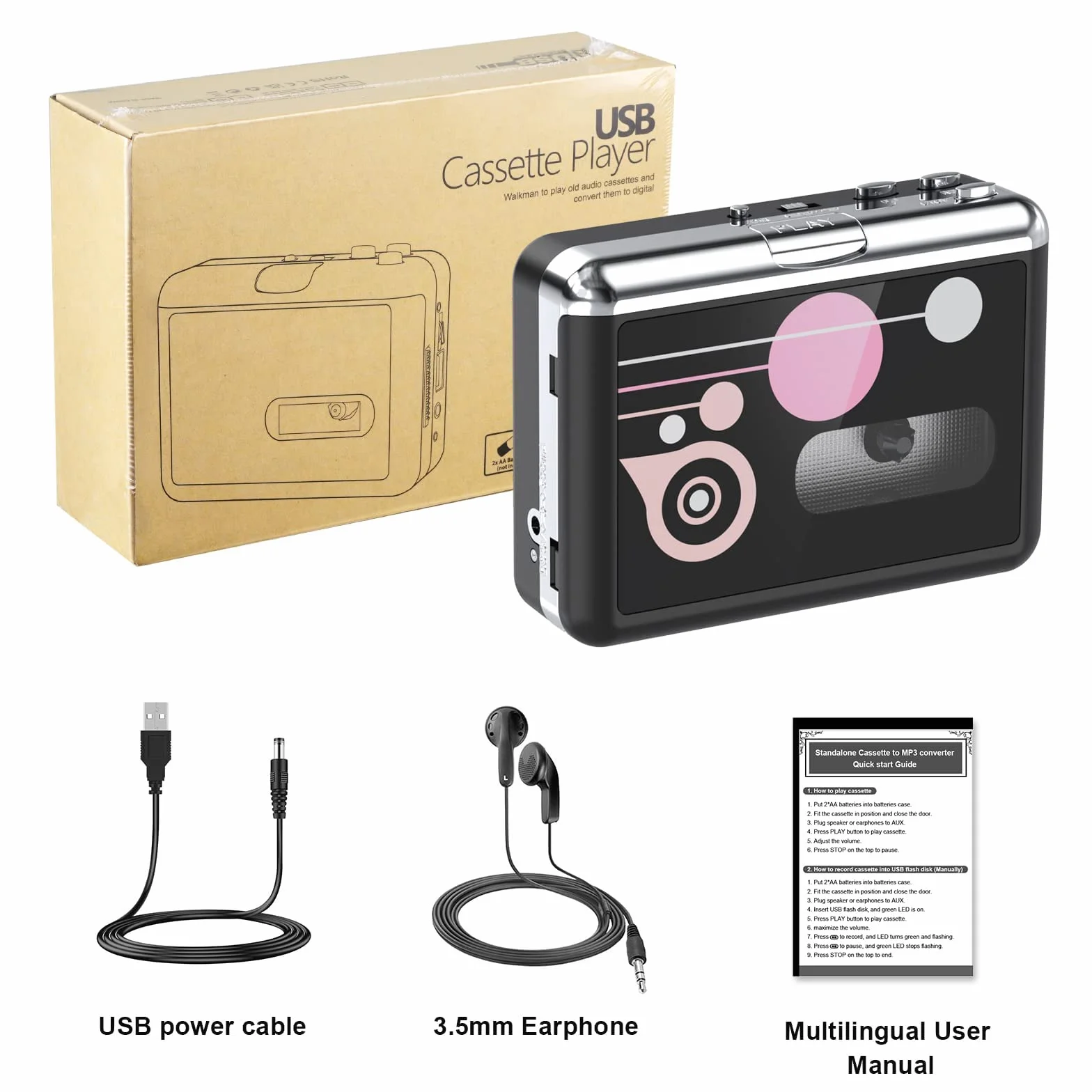Rybozen Kassettenspieler, tragbarer USB-Kassetten-zu-MP3-Konverter, Walkman Audio-Musik-Tape-zu-Digital-Konverter, Player mit Kopfhörern, speichert auf USB-Laufwerk, kein PC erforderlich