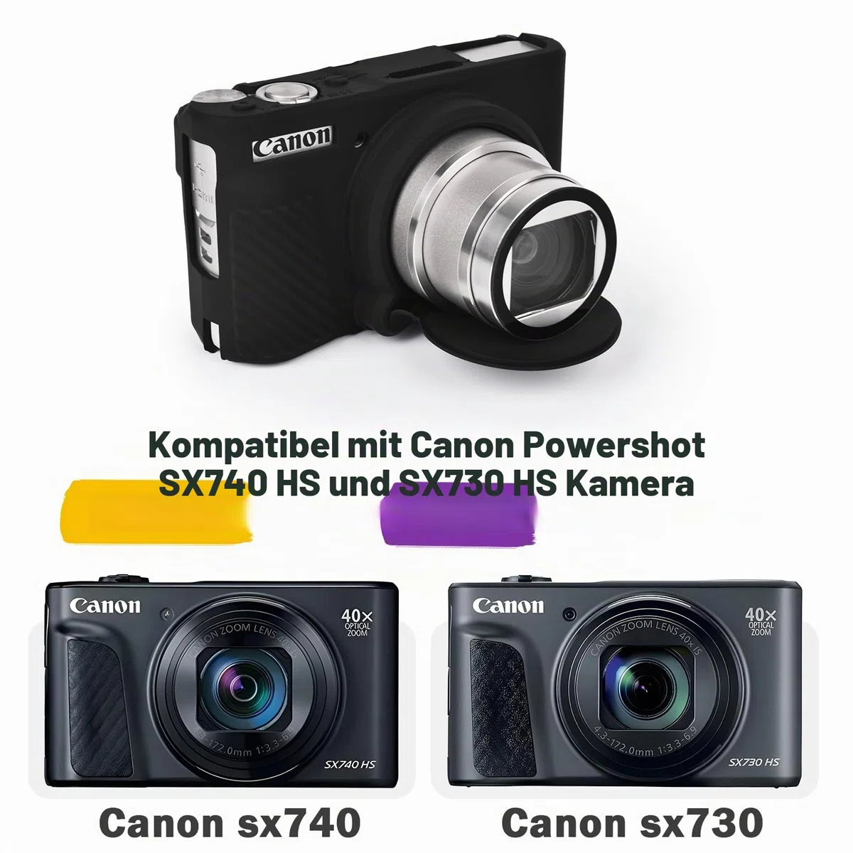 MUZIRI KINOKOO Tasche für Canon SX740 HS Kamera, Weiche Silikon Schutzhülle für Canon PowerShot SX740/SX730 HS Kamera- Kratzfeste SX740 Abdeckung mit Abnehmbarer Objektivabdeckung - Schwarz