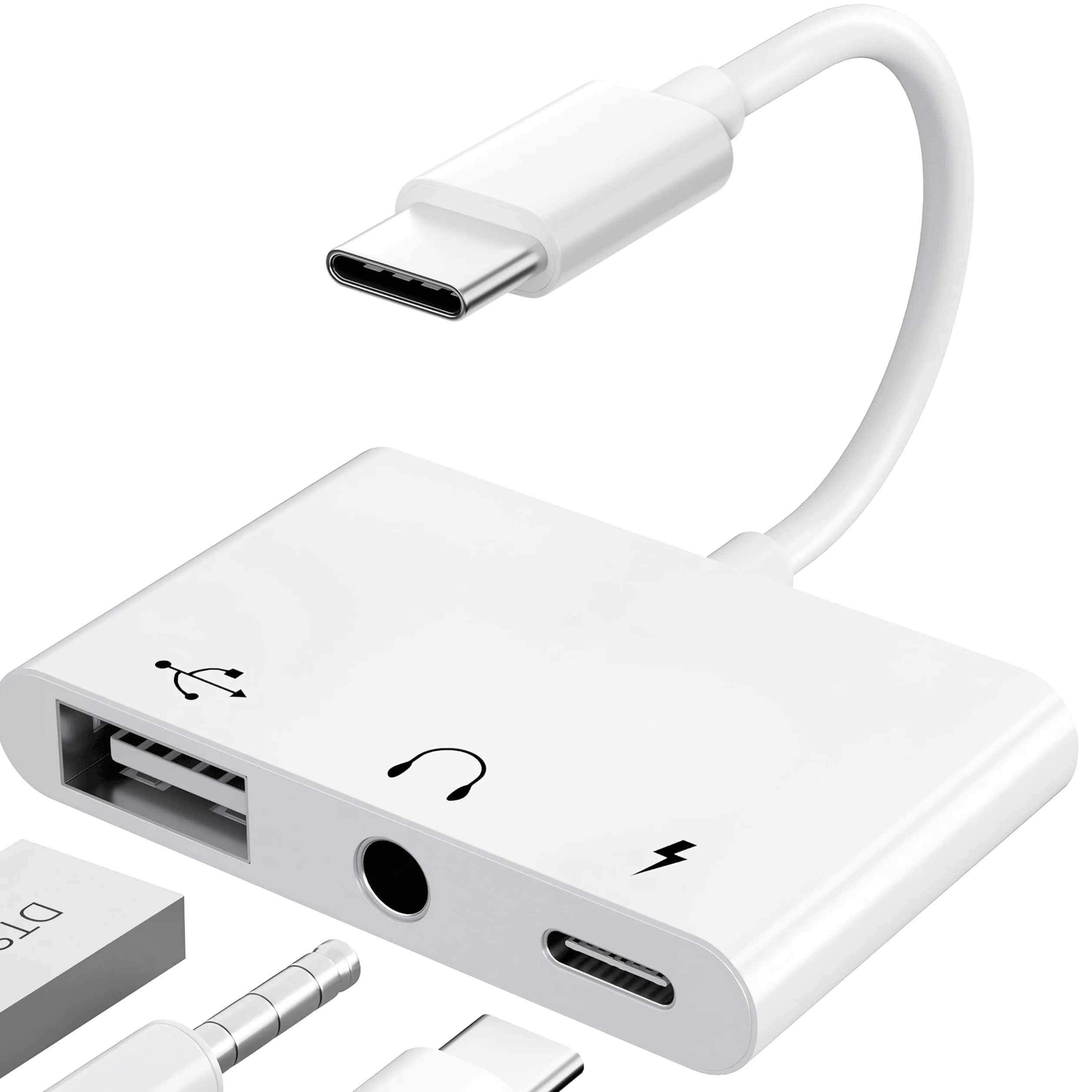 【3 in 1】 Adapter USB C auf USB 3,5 Klinke Kopfhörer mit 60W Ladegerät OTG Adapter, Aux Kabel USBC für iPhone 17/16/15, Samsung Galaxy S25/S24/S23/A56 i-Pad Pro Air Laptops und andere Typ-C-Geräte