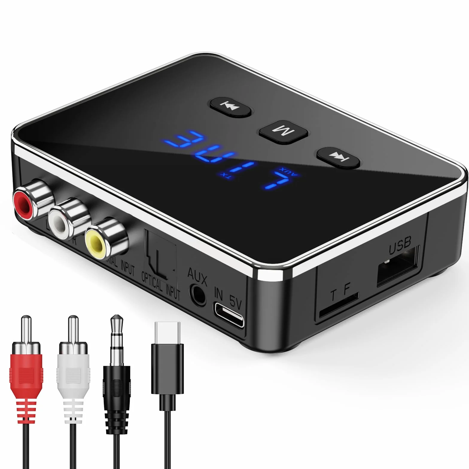 Bluetooth 5.4 Sender Empfänger, 3-in-1 Bluetooth Adapter mit AUX/RCA/Optisch, Low Latency Audio Transmitter Receiver für TV, Stereoanlage, Unterstützt TF-Karte USB, AUX Blue-Tooth Adapter