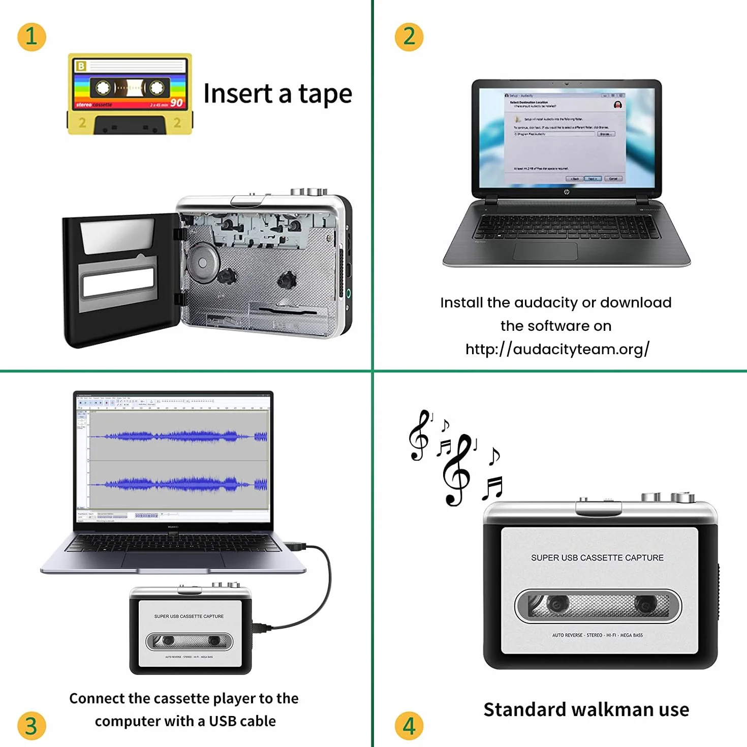Reshow Kassettenspieler - Tragbarer Kassettenspieler, der MP3-Audio-Musik über USB aufnimmt - kompatibel mit Laptops und PCs - konvertiert Kassetten ins iPod-Format (Silber)