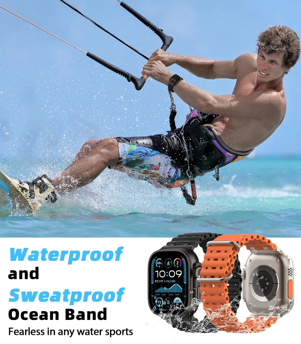 MoKo Ocean Armband Kompatibel mit Apple Watch Ultra 3/2/1 49 mm, S11/S10 46 mm, 9/8/7 45 mm, SE3/SE2/SE/6/5/4 44 mm, 3/2/1 42 mm, Atmungsaktives Silikon-Sportarmband mit Metallverbinder Männer Frauen