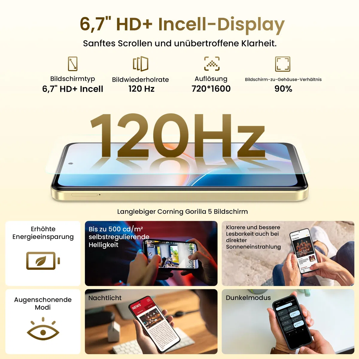 A11 Pro Android 15 Smartphone Ohne Vertrag, 120Hz Octa-Core, 24GB+256GB Handy Ohne Vertrag，50MP+8MP AI Kamera, 6,7'' HD+ Bildschirm, Dual SIM 4G Simlockfreie Handy/OTG/Widevine L1-Gold