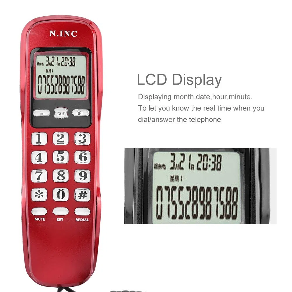 ASHATA Wandtelefon Schnurtelefon, LCD Schnurgebundenes Telefon FSK/DTMF Dual Anrufer ID Kompakttelefon,Multifunktion Schnurgebundenes Analog Telefon für Hause Büro usw.(Rot)
