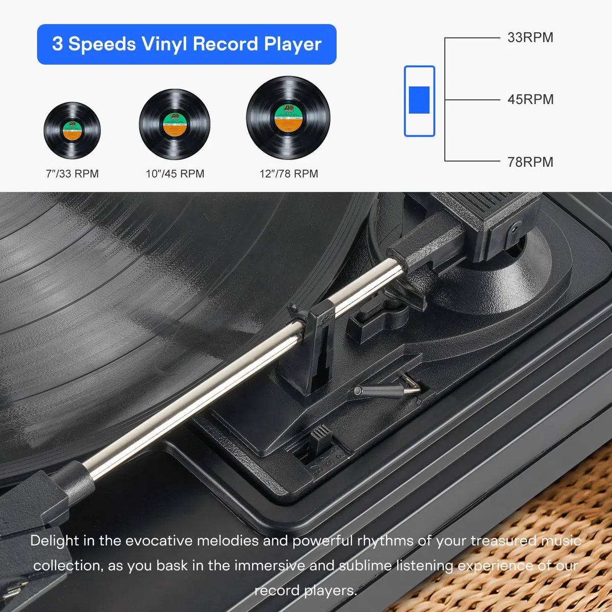 Vintage Plattenspieler 3-Gang-Bluetooth-Plattenspieler mit integrierten Stereo-Lautsprechern, Riemenantrieb, LP-Vinyl-Player mit Staubschutz für Heimdekoration, Schwarz