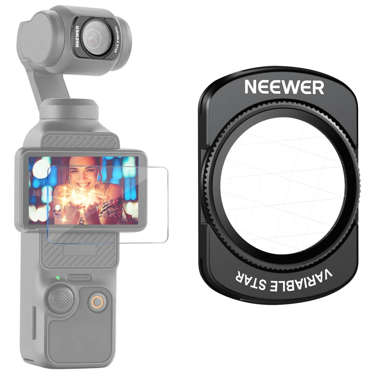 NEEWER Verstellbarer Sternfilter (4/8 zackig), kompatibel mit DJI Osmo Pocket 3 / Pocket 4 / Xtra Muse, magnetischer HD Gimbal Kameraobjektivfilter + Displayschutzfolie, FL-C38