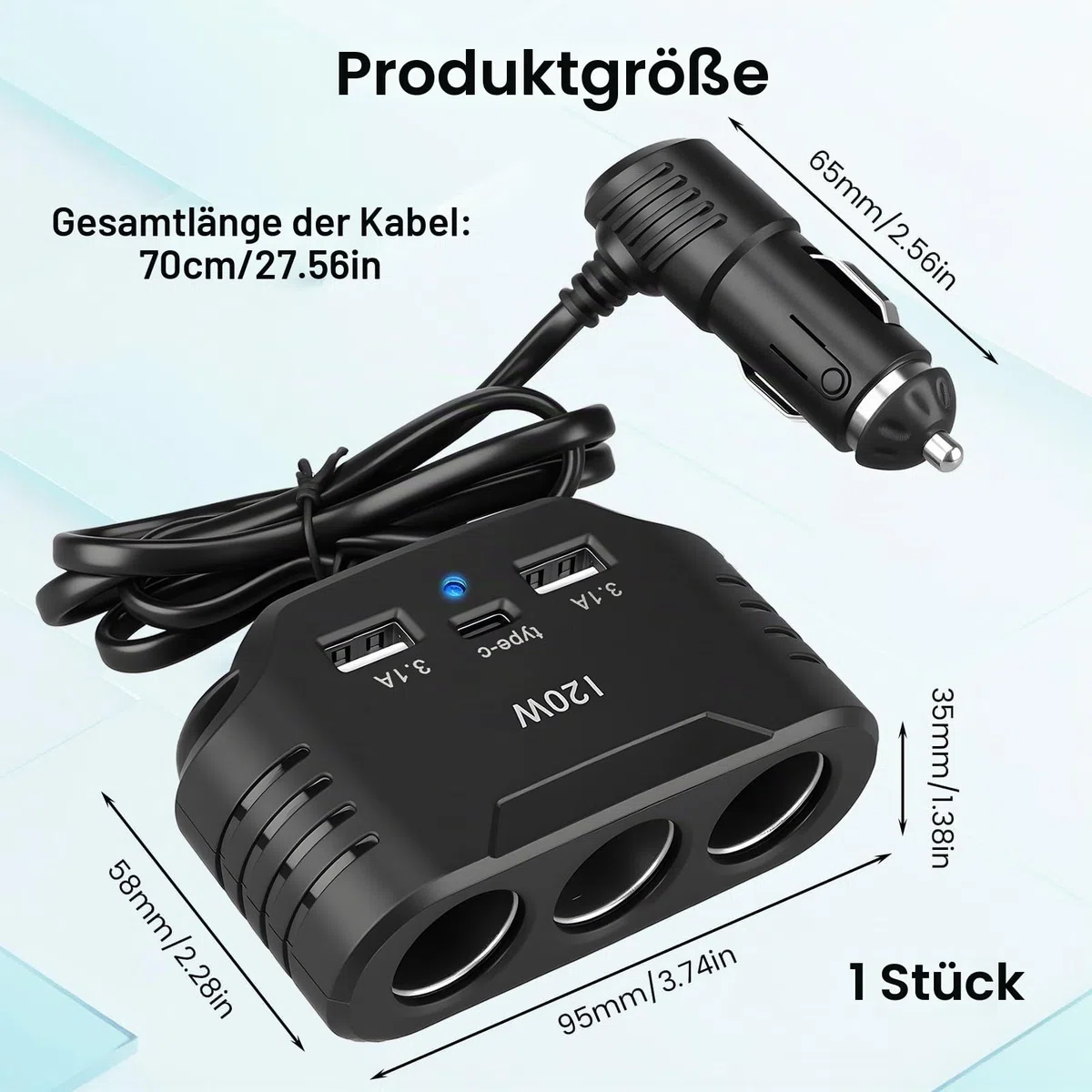 120W Zigarettenanzünder Verteiler 12V 24V, KFZ Ladegerät Auto Adapter mit 3 Steckdosen 2 USB-A Anschlüssen 1 Type C Anschlüsse, Cigarette Lighter Socket mit LED für Handy GPS Dashcam Sitzheizung