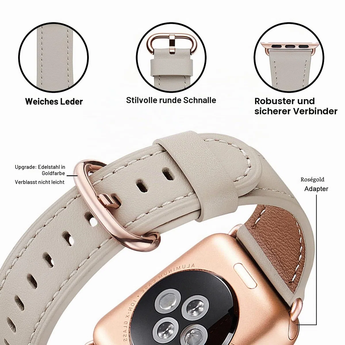 WFEAGL Kompatibel für Apple Watch Armband 40mm 41mm 38mm 42mm(Series 11 10),Lederband Ersatzband für Herren Damen Kompatibel für iWatch Series 11/10/9/8/7/6/5/4/3/2/1,SE/SE2, Elfenbein Weiße+Roségold)