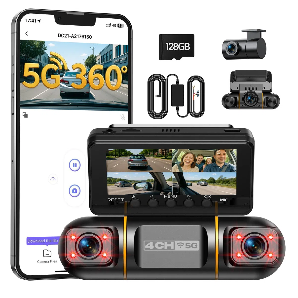LAMTTO 4 Kanal Dashcam Auto Vorne Hinten Innen, 5GHz WiFi 360 Grad Dashcam Auto Kamera mit 128GB SD Karte, 3.16" IPS-Bildschirm, Nachtsicht IR, 24/7 Parküberwachung mit Hardwire-Kit