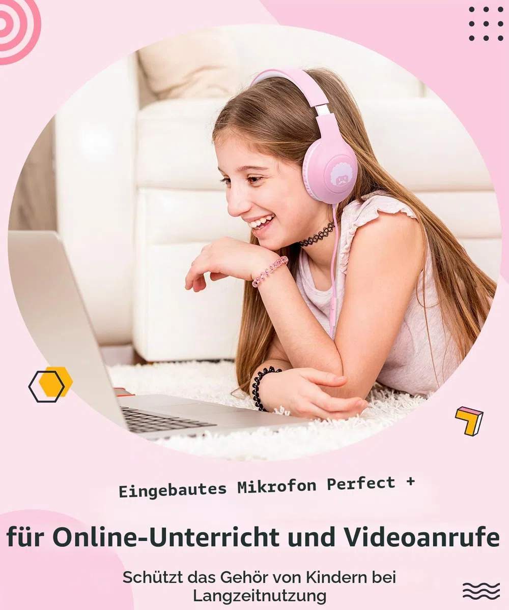 RockPapa C24 Kinder Kopfhörer mit Kabel, HD-Mikrofon, Leichte, Faltbare Kabel kopfhörer mit 3,5 mm Jack, On-Ear Stereo Bass Kopfhörer für Schule/Reise/Telefon Pink Weiß
