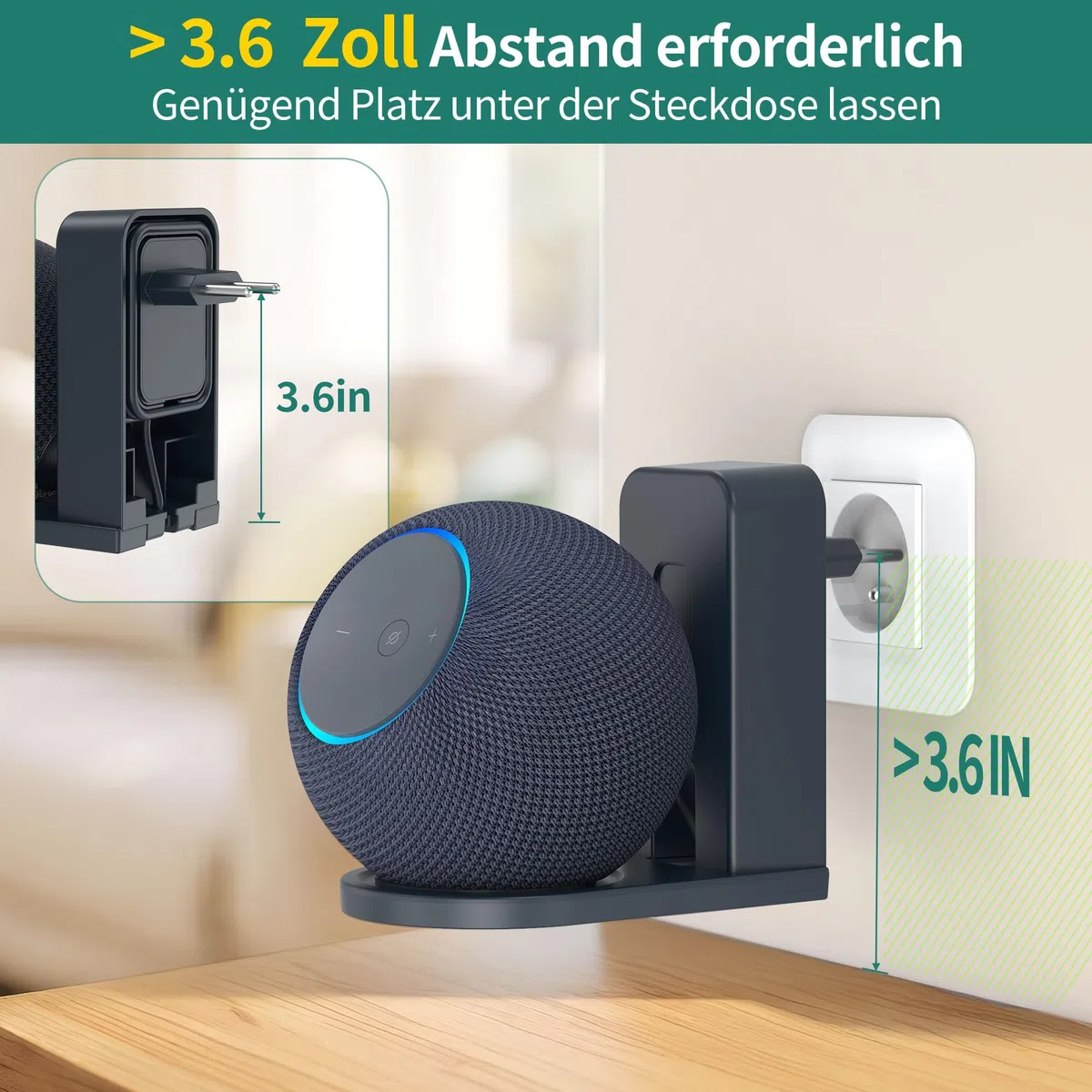 HomeMount Wandhalterung für Dot Max & Nest Mini, Steckdosen-Halter mit Kabelmanagement, Ohne Bohren, Platzsparend, Sicher & Stabil (Graphit)