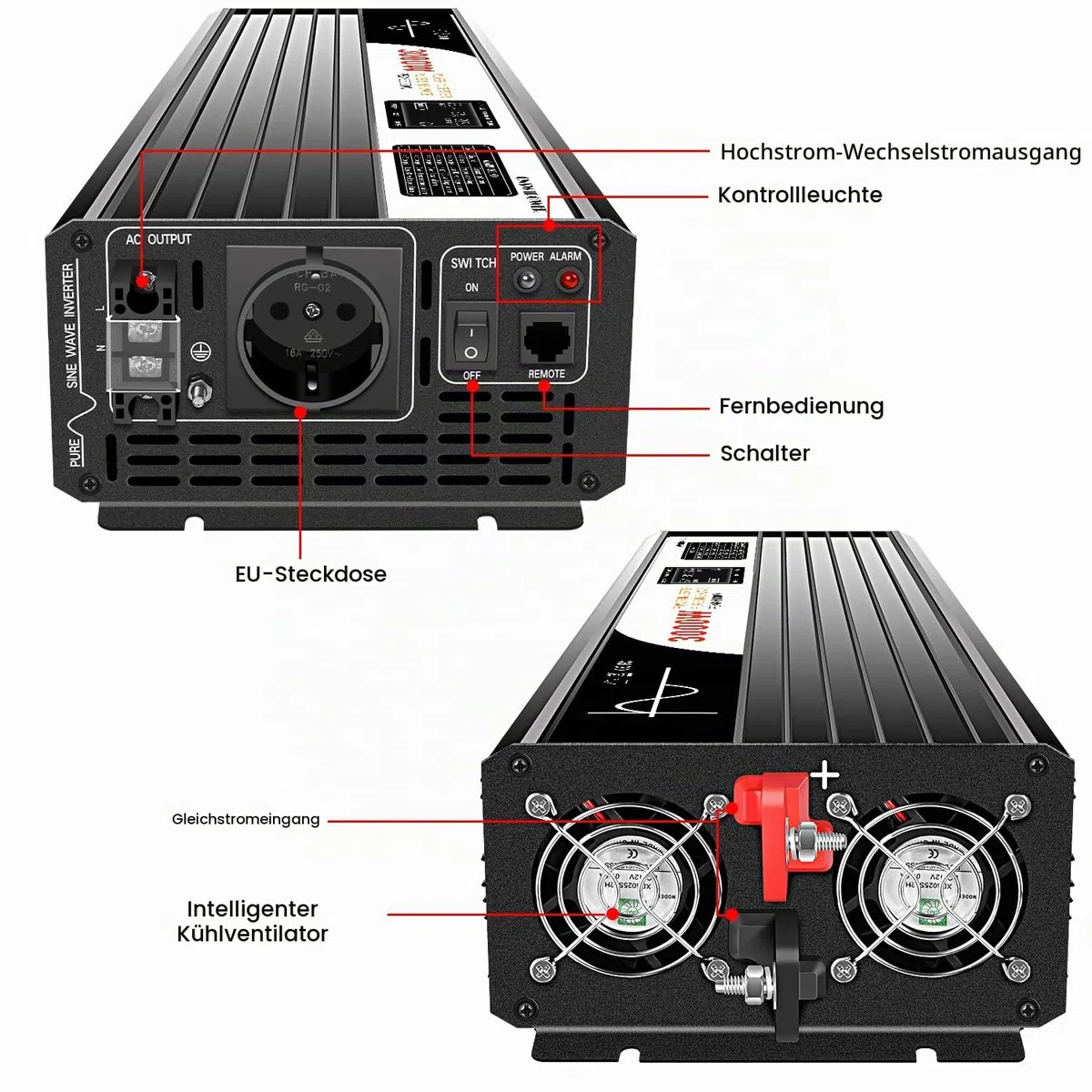 Xijia 3000W Wechselrichter 12V 230V Reiner Sinus Spannungswandler (6000W Spitzenleistung), LCD-Display & 4m Fernbedienung, Inverter für Wohnmobil, Boot, Camping, Solar Inselanlage - DC auf AC