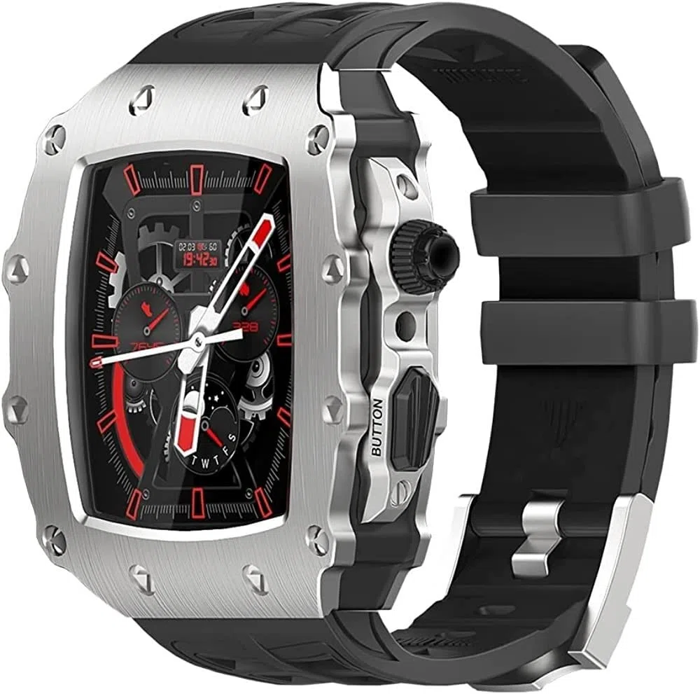 Luxuriöses Edelstahl-Uhrengehäuse, für Apple Watch 8, 7, 45 mm, mit Mod-Kit, Gummiband für Herren, Fluorkautschukband und Stahlschnalle, für iWatch Serie 6, 5, 4, SE, 44 mm