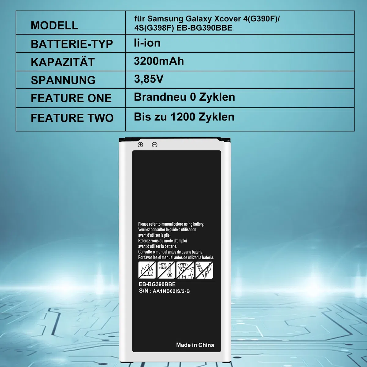 3200mAh Akku für Samsung Galaxy Xcover 4(G390F)/4S(G398F) EB-BG390BBE Lithium-Ionen Ersatzakku